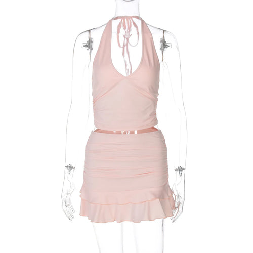 Load image into Gallery viewer, Sexy Solid Skirt Two Pieces Sets For Women Deep V-neck Neck-mounted Vest Tops And Short Skirt Sexy Two Pieces Sets
