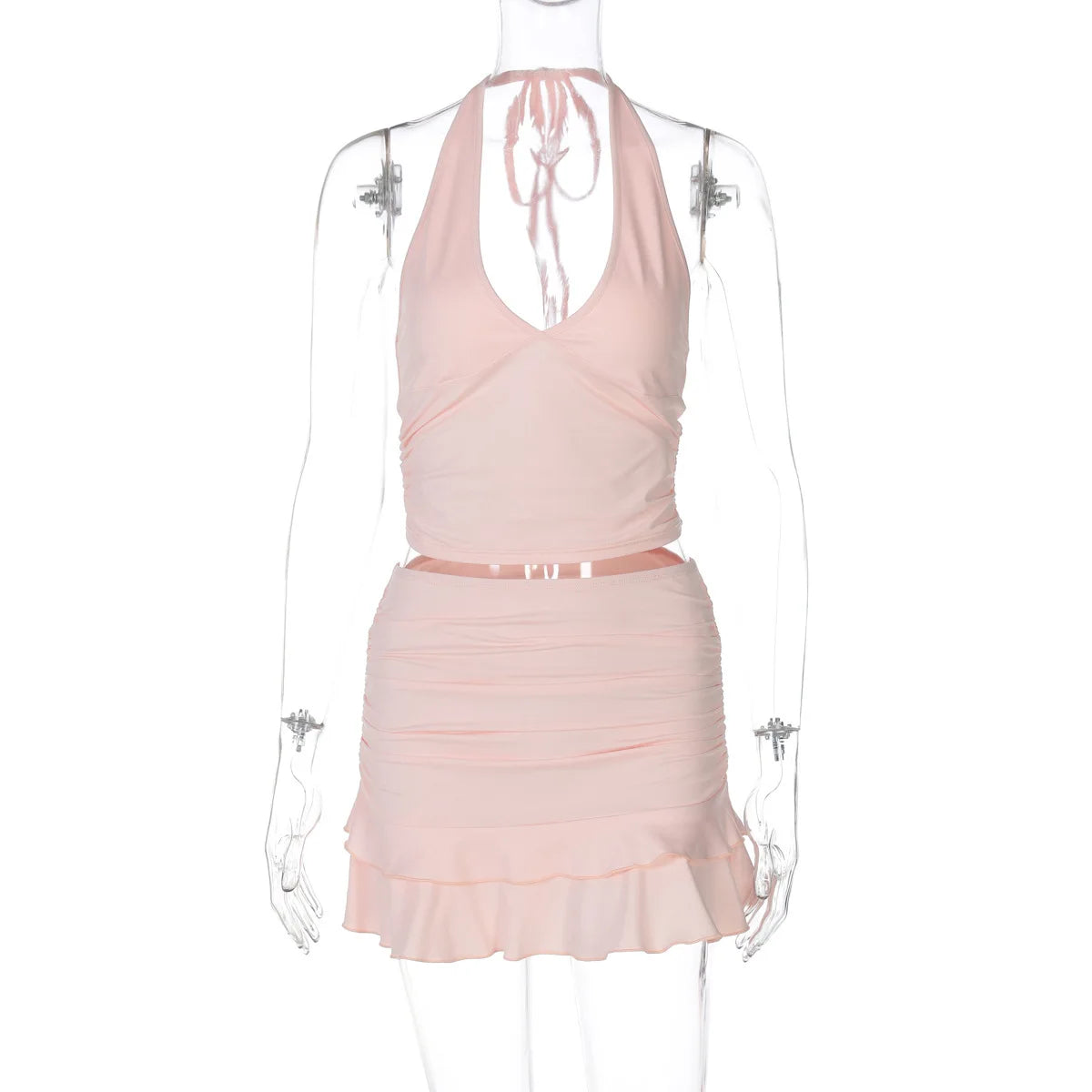 Sexy Solid Skirt Two Pieces Sets For Women Deep V-neck Neck-mounted Vest Tops And Short Skirt Sexy Two Pieces Sets