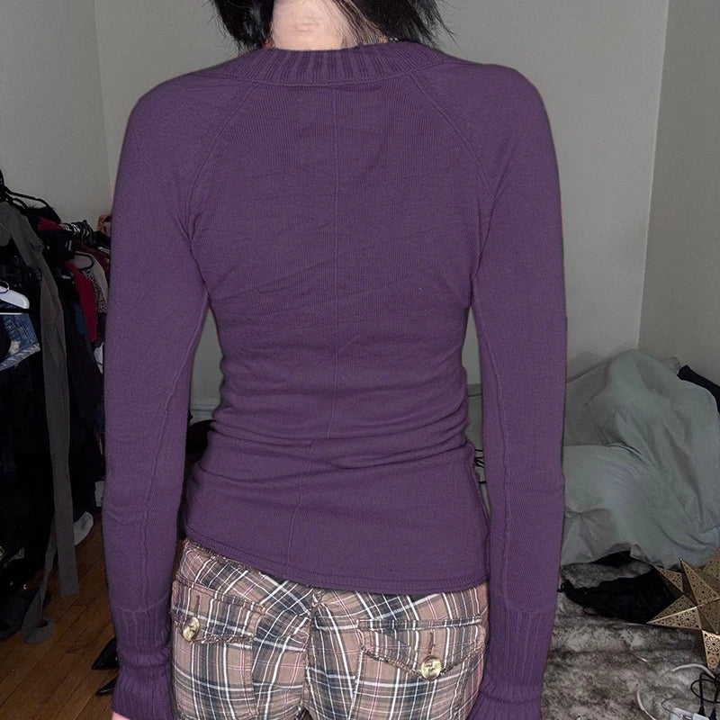 2025 Harajuku Purple Knitted Autumn T-shirts Women Y2k Aesthetic Bodycon Grunge Tees Vintage A Deep V-Neck Sexy Fairy Tshirt