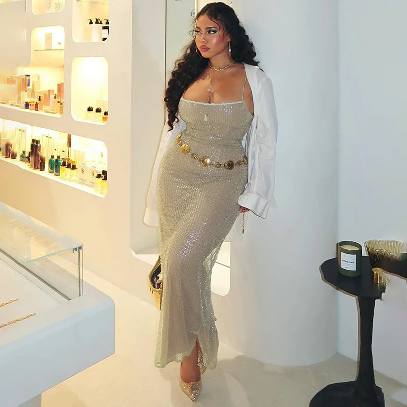 Spaghetti Strap Sparkle Maxi Dress Women Glitter Elegant Split Sleeveless Long Dress Fashion Sexy Party Club Dress