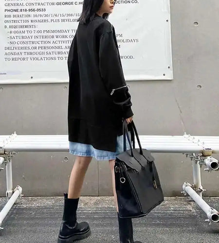 Women Black Denim Hem Zipper Big Size Casual Long T-shirt New Round Neck Long Sleeve Fashion Spring Autumn 2025 1DF6030