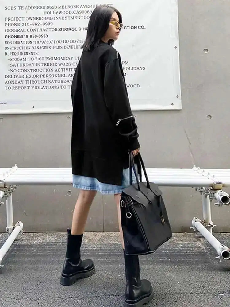 Women Black Denim Hem Zipper Big Size Casual Long T-shirt New Round Neck Long Sleeve Fashion Spring Autumn 2025 1DF6030