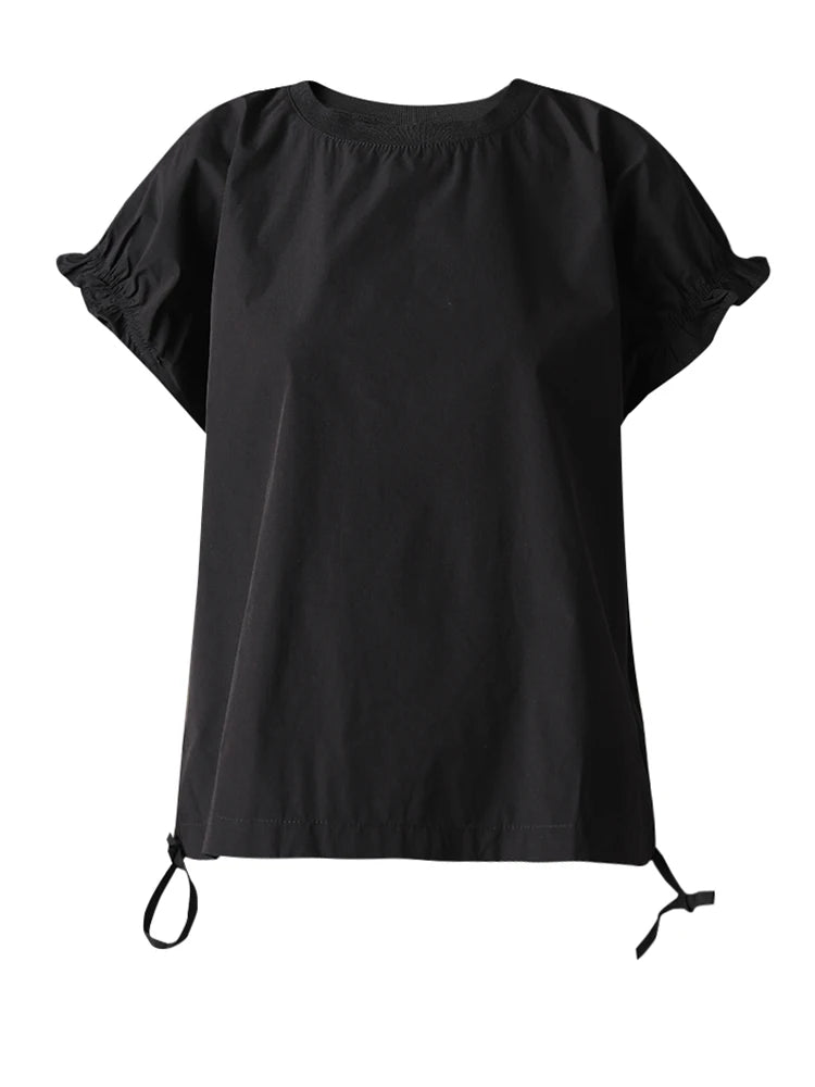 Women White Ruffles Bandage Big Size Blouse New Round Neck Short Sleeve Shirt Fashion Tide Spring Summer 2025 CPG3168