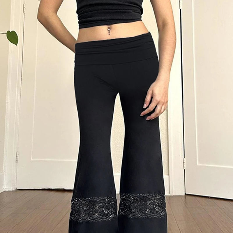 Streetwear Fashion Black Flare Pants Low Waisted Chic Slim Lace Patchwork Women Trousers Elegant Office Ladies Bottom