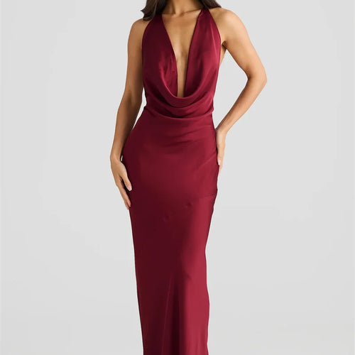 Load image into Gallery viewer, Satin Halter Backless Sexy Maxi Dress Women Gown Elegant Solid Sleeveless Lace-up High Waist Evening Club Long Dress
