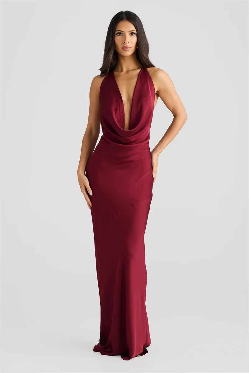 Satin Halter Backless Sexy Maxi Dress Women Gown Elegant Solid Sleeveless Lace-up High Waist Evening Club Long Dress