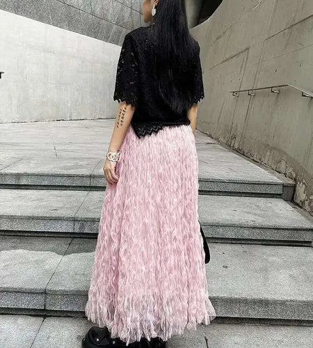 High Elastic Waist Black Pleated Mesh Casual A-line Half-body Skirt Women Fashion Tide New Spring Autumn 2025  1DH5148