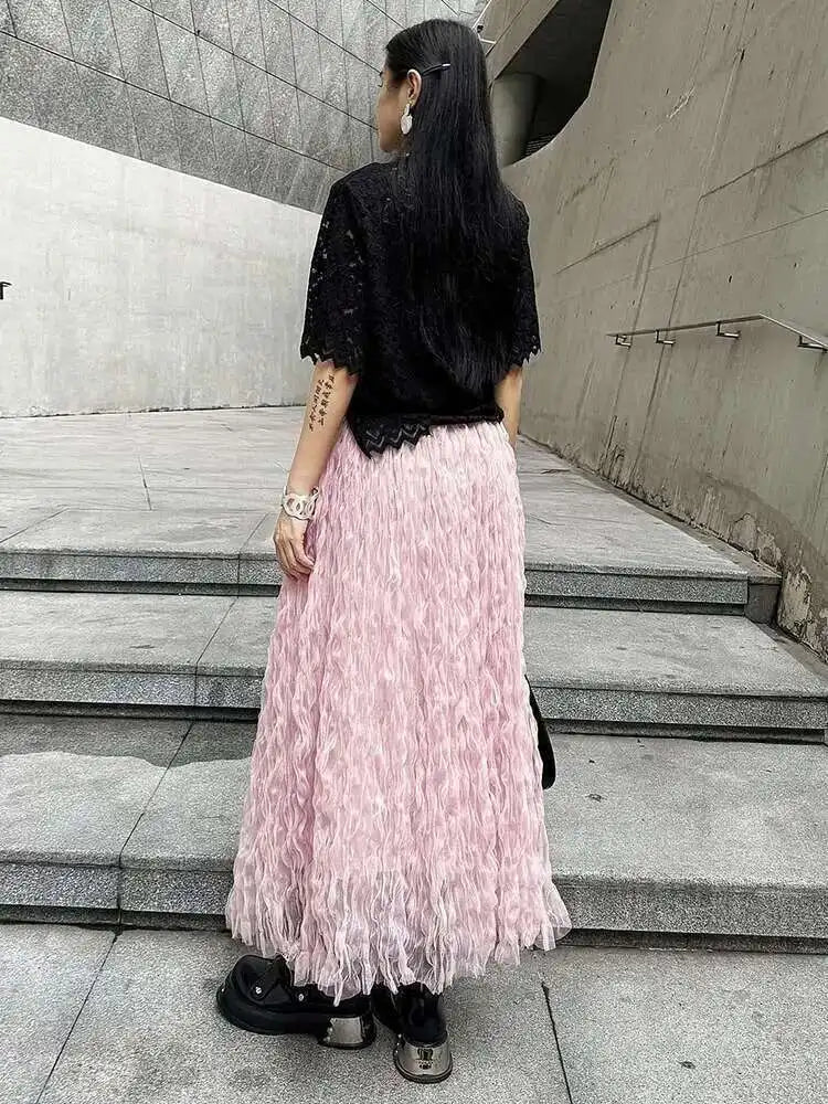 High Elastic Waist Black Pleated Mesh Casual A-line Half-body Skirt Women Fashion Tide New Spring Autumn 2025  1DH5148