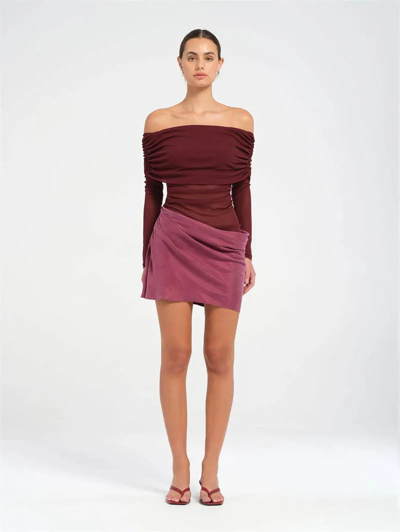 Hollow Out Off-shoulder Sexy Mini Dress Women Fashion Patchwork Strapless Long Sleeve Backless Ruched Club Dress