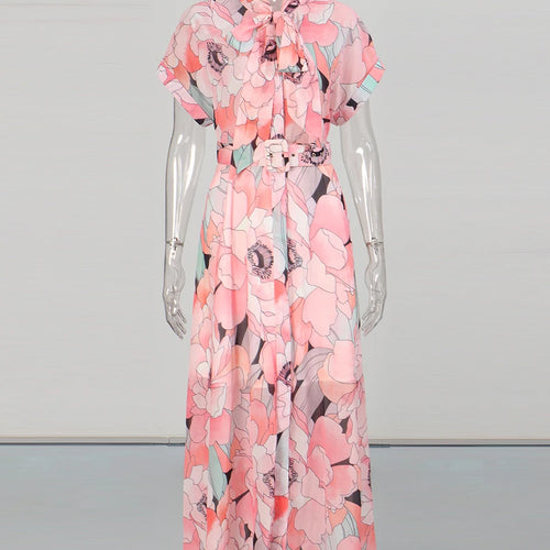 Load image into Gallery viewer, Fashion Printing Spliced Belt Long Dresses for Women Bowknot Neck Sleevesless Temperament Dress Female Clothing New
