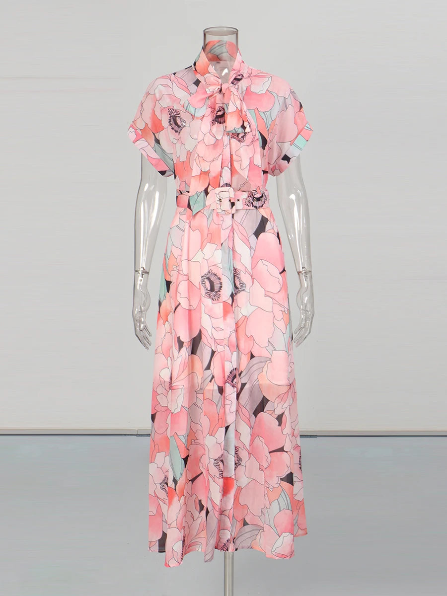 Fashion Printing Spliced Belt Long Dresses for Women Bowknot Neck Sleevesless Temperament Dress Female Clothing New