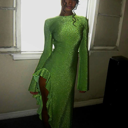 Load image into Gallery viewer, Glitter Thigh High Split Sexy Maxi Dress For Women Gown O Neck Long Sleeve Backless Ruffled Shiny Long Dress Gown
