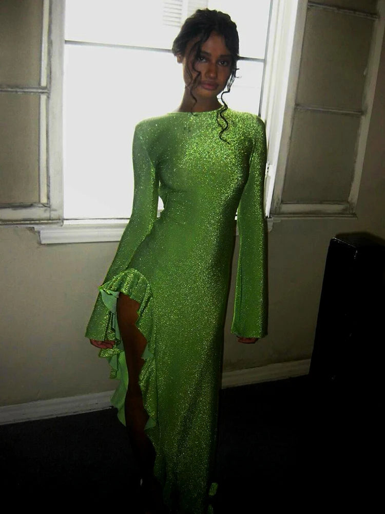 Glitter Thigh High Split Sexy Maxi Dress For Women Gown O Neck Long Sleeve Backless Ruffled Shiny Long Dress Gown