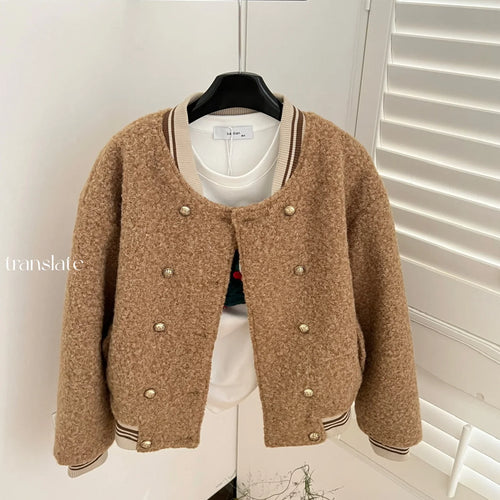 Load image into Gallery viewer, French Vintage Women&#39;s Brown Patchwork Elegant Holiday Short Woolen Coat Autumn And Winter Double-breasted Cotton Jacket Popular
