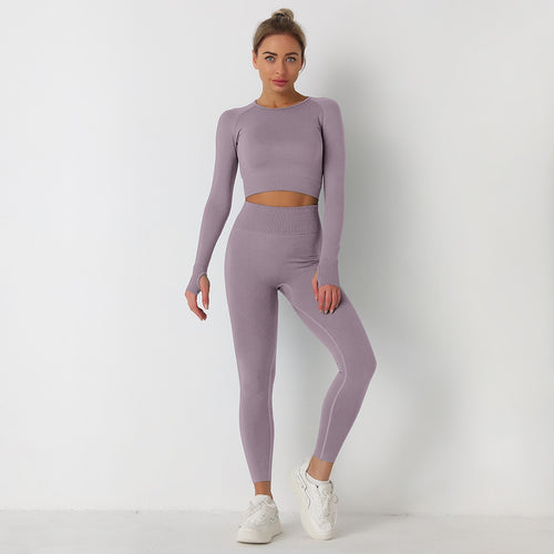 Load image into Gallery viewer, European and American Solid Color Yoga Suit Long Sleeve Anti-Shrink Quick-drying Crop Top High Waist pant tracksuit women
