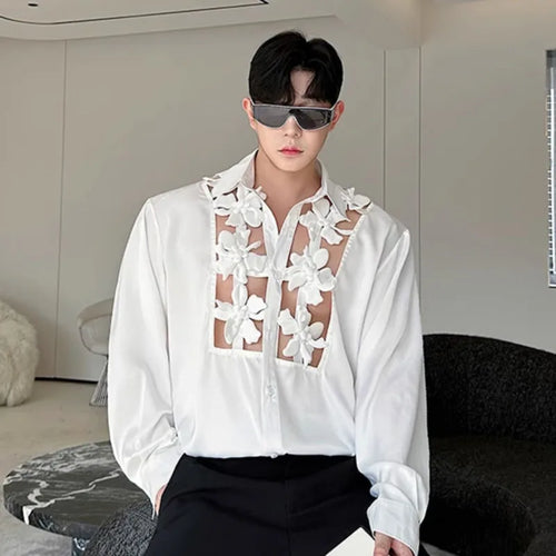 Load image into Gallery viewer, Men&#39;s Shirts Long Sleeve New Kroean Spliced Flower Hollow Out Fashion Top Turn-down Collar Single Breasted Menwear 9W1518
