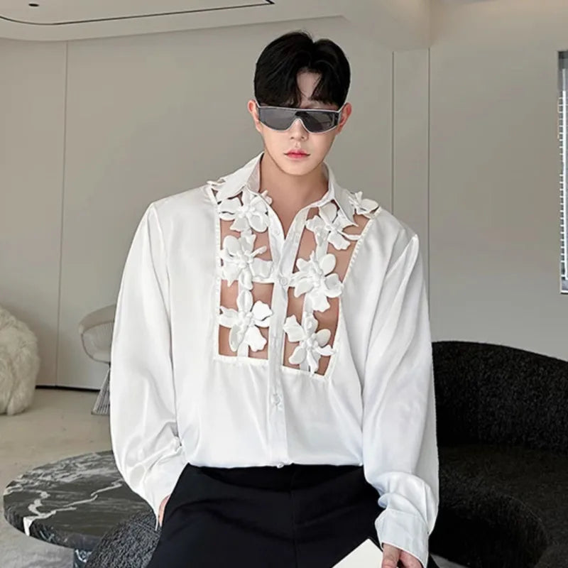 Men's Shirts Long Sleeve New Kroean Spliced Flower Hollow Out Fashion Top Turn-down Collar Single Breasted Menwear 9W1518