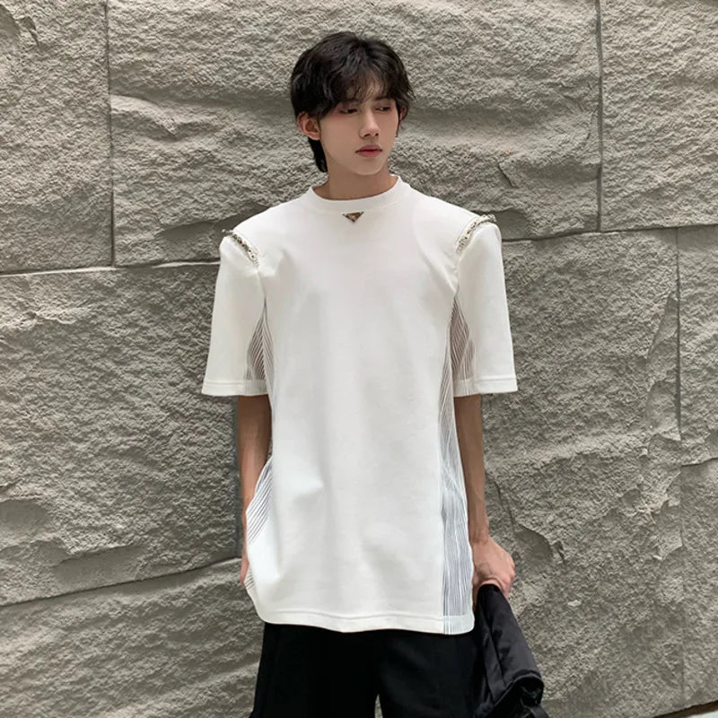 Man's Short Sleeved T-shirt 2024 Summer New Loose Casual Fashion Trend Shoulder-padded Metal Embellished Male Top 9C5569