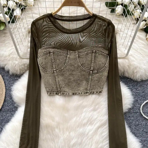 Load image into Gallery viewer, Retro Women Denim Patchwork Mesh Long Sleeved Short Top Autumn Korean Fashion Versatile Elegant Round Neck T Shirt Trend Popular
