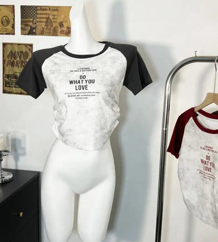 Women Round-neck Letter Print Pleated Tops Summer Casual Patchwork Short Sleeve Slim Holiday T Shirt Y2k Fashion Clothes Popular