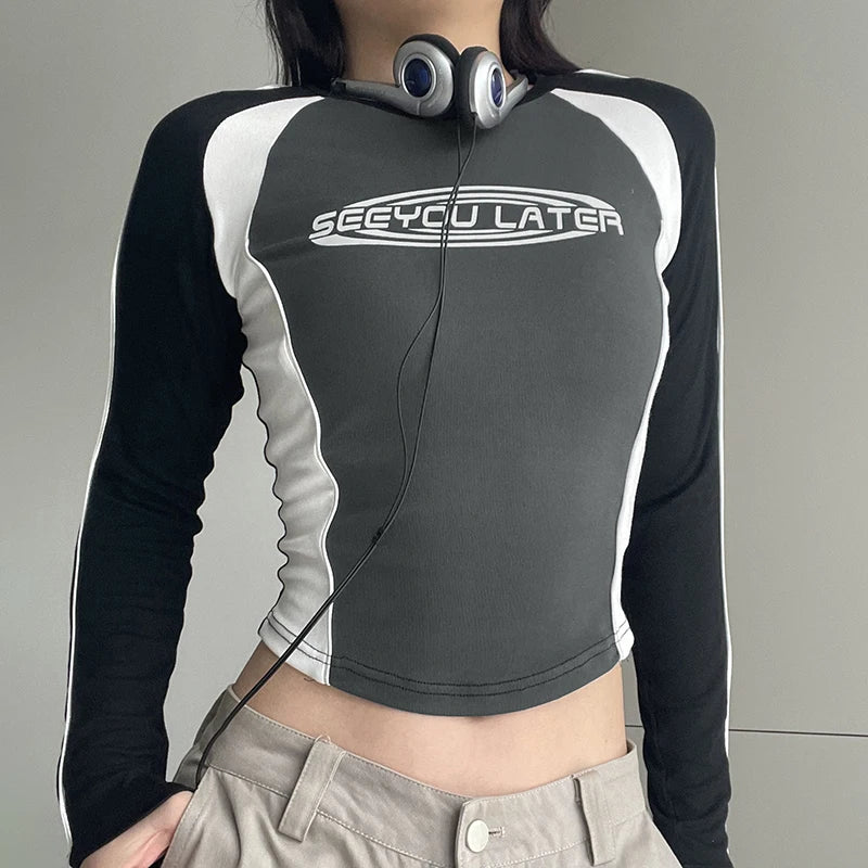 Harajuku Patchwork Autumn T shirt Female Letter Print Korean Crop Tops Bodycon Moto&Biker Style Tee Shirts Contrast