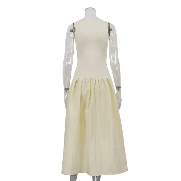 Patchwork Sleeveless Maxi Dress For Women Autumn New Casual Solid O Neck Loose A-line Long Tank Dress Elegant Fashion