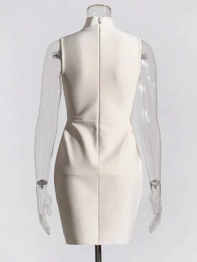 Solid Slim Elegant Mini Dresses For Women Turtleneck Sleeveless High Waist Hollow Out Temperament Dress Female Fashion Style