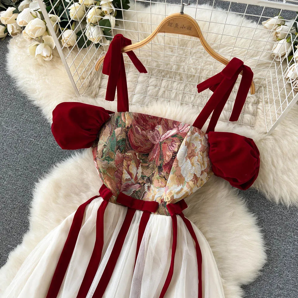 French Retro Women Beige Patchwork Mesh Embroidered Elegant High Waist Pleated Dress Summer Slim Slip Lace-up Long Dress Popular