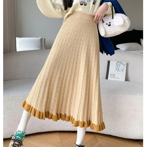 Load image into Gallery viewer, Autumn Winter Women Black White Temperament Knitted Pleated Half Skirt High Waist Versatile Elegant Vacation Ruffles Long Skirts

