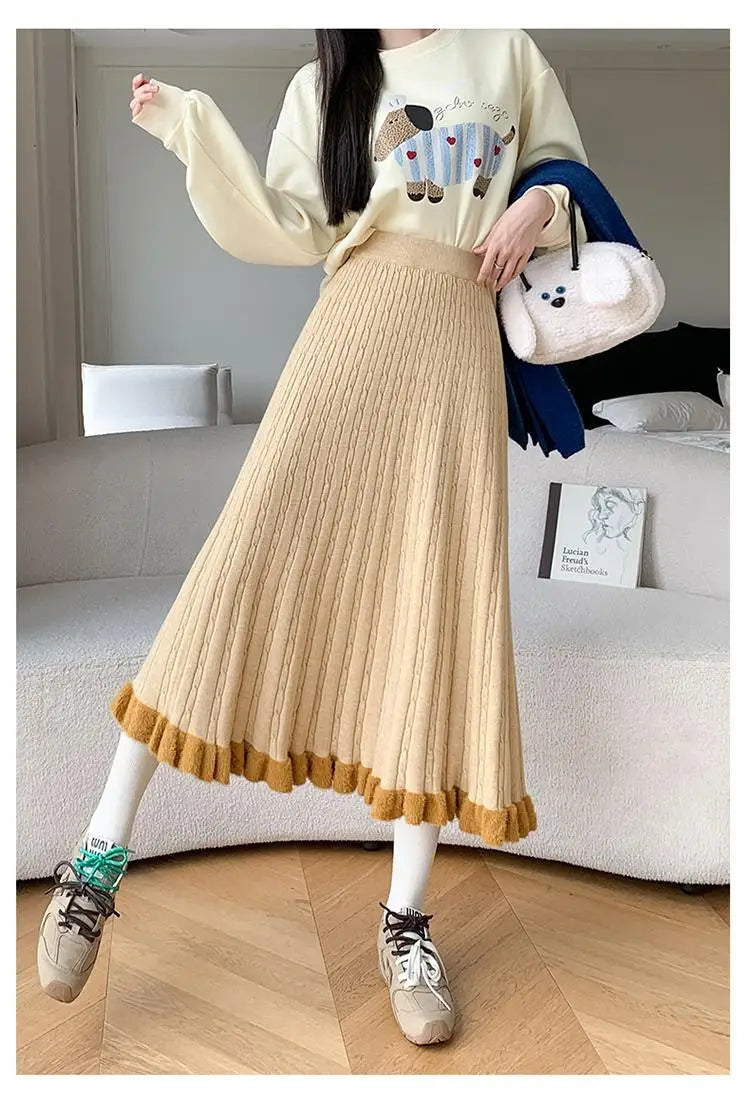 Autumn Winter Women Black White Temperament Knitted Pleated Half Skirt High Waist Versatile Elegant Vacation Ruffles Long Skirts