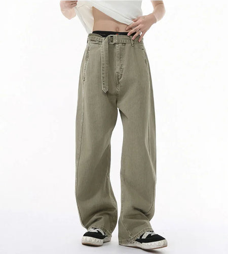 Men's Jeans Straight Leg Design New Korean Handsome Solid Color Denim Pants Belt Loose Fashion Male Bottoms Spring 9W1590