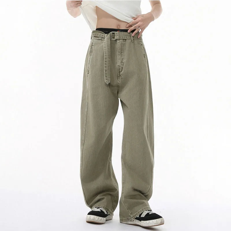 Men's Jeans Straight Leg Design New Korean Handsome Solid Color Denim Pants Belt Loose Fashion Male Bottoms Spring 9W1590