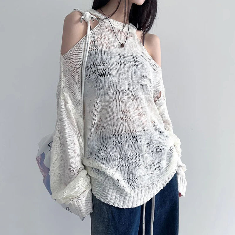 Grunge Ripped Women's Oversize Sweater Open Shoulder Knitted Pullover Hole Fashion Harajuku Autumn Knit Jumpers