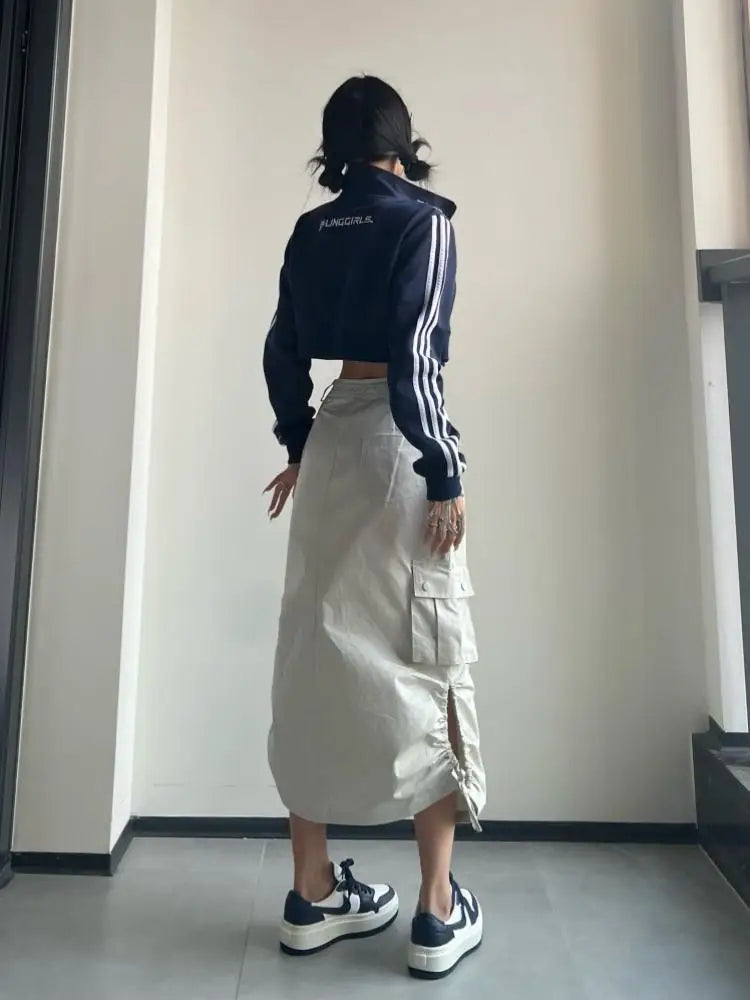 Fashion Long Cargo Skirt Women Y2k Streetwear Vintage Pocket High Waist Side Split Shirring Casual Straight Midi Skirt Korean
