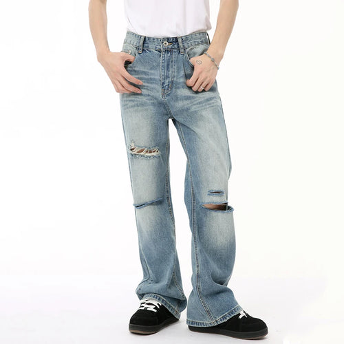 Load image into Gallery viewer, American Style Men&#39;s Denim Pants Casual Worn-out Hole Wide Leg Menwear Straight Solid Color Male Bottom Chic 9C6608
