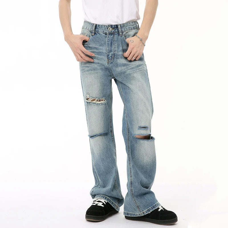 American Style Men's Denim Pants Casual Worn-out Hole Wide Leg Menwear Straight Solid Color Male Bottom Chic 9C6608