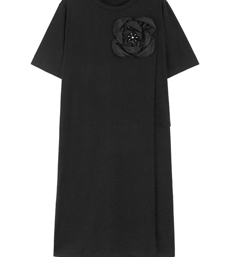 Women Black Three-dimensional Flower Big Size Midi Dress New Round Neck Short Sleeve Fashion Spring Summer 2025 1DJ1191