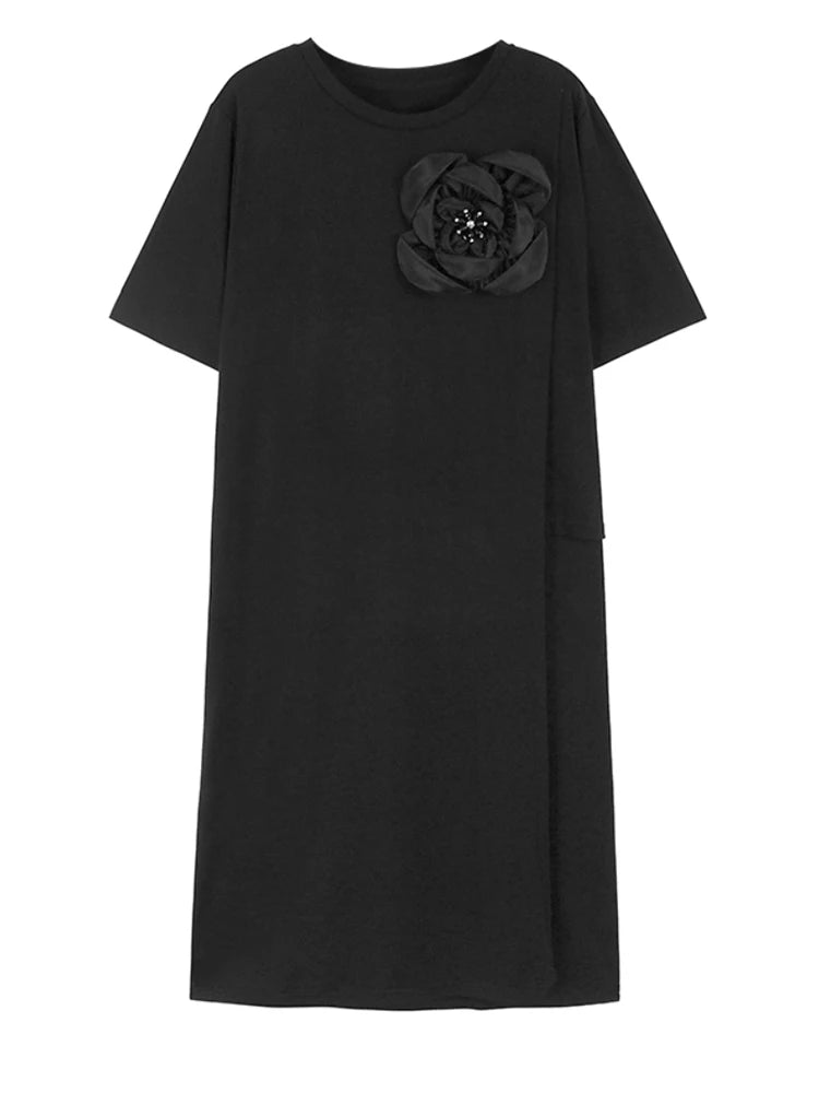 Women Black Three-dimensional Flower Big Size Midi Dress New Round Neck Short Sleeve Fashion Spring Summer 2025 1DJ1191