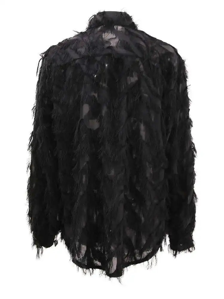 Women Black Tassels Thin Big Size Casual Blouse New Lapel Long Sleeve Shirt Fashion Tide Spring Autumn 2025 CPG1647