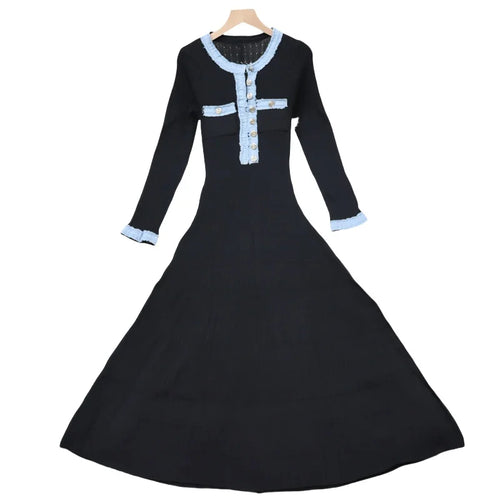 Load image into Gallery viewer, Autumn 2024 New Women's Black White Blue Patchwork Single Breasted Knitted Dress French Elegant Festival Long Sleeve Dress Trend
