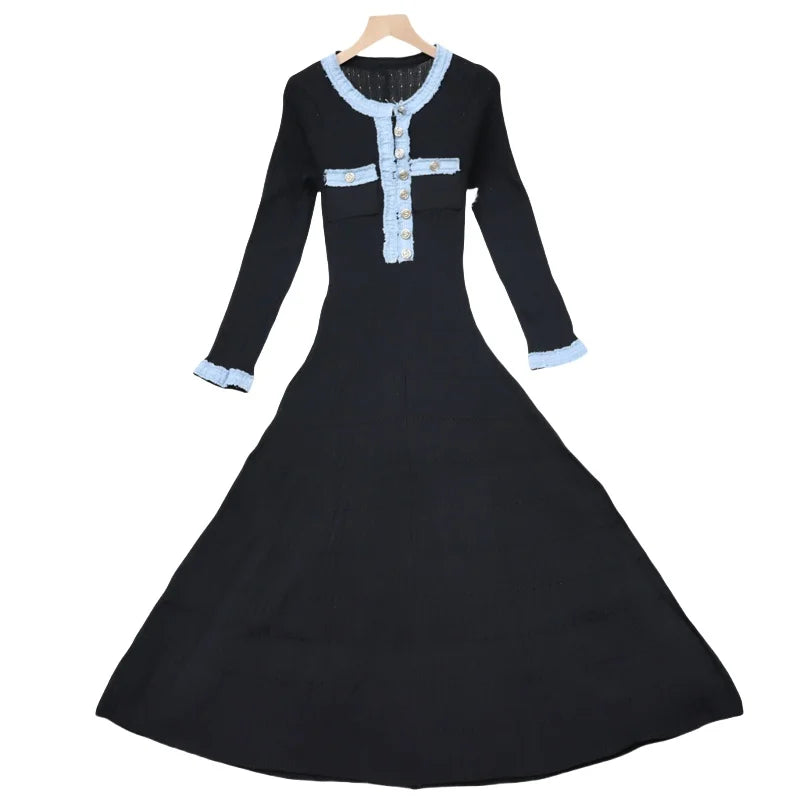 Autumn 2024 New Women's Black White Blue Patchwork Single Breasted Knitted Dress French Elegant Festival Long Sleeve Dress Trend