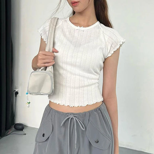 Load image into Gallery viewer, Causal White Knitted Slim Women T shirt Frills Basic Crop Top Short Sleeve Korean Fashion Cute Thin Summer Tee Shirts
