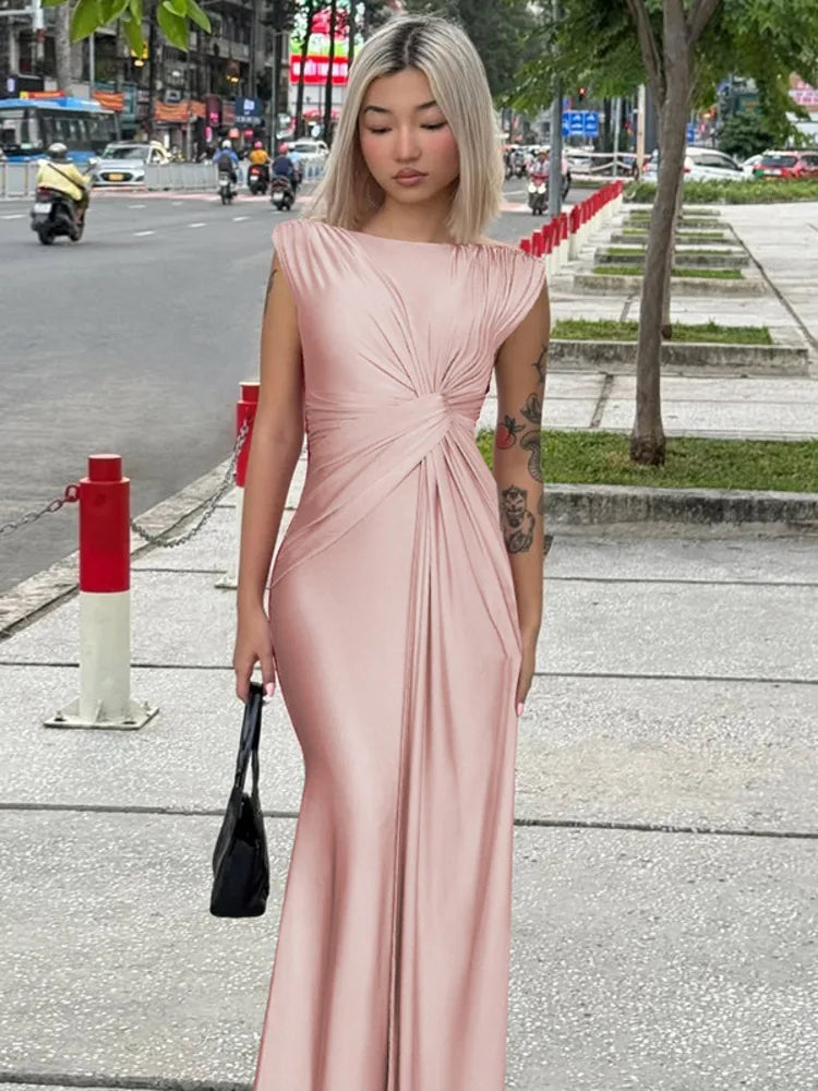Elegant Sleeveless Round Neck Long Dress For Women Spring Summer 2025 New Temperament Slim Party Club Evening Dress