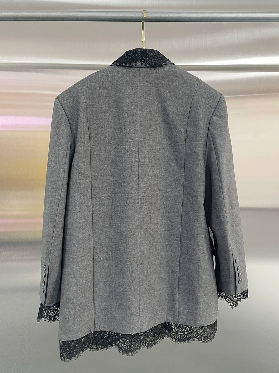 Loose Spliced Lace Fashion Blazers for Women Lapel Long Sleeves Patchwork Pockets Elegant Blazer Female Clothes New