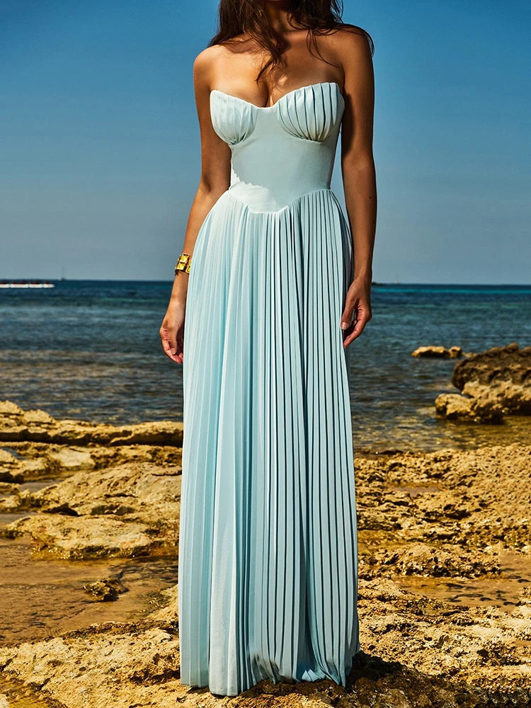 Off-shoulder Backless Pleated Maxi Dress For Women Fashion Strapless Sleeveless High Waist Bodycon Sexy Long Dress