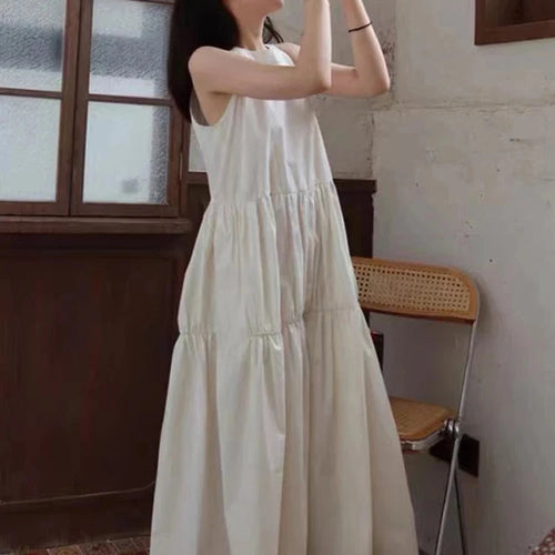 Load image into Gallery viewer, White Elegant Sleeveless Spaghetti Strap Women&#39;s Dresses French Style Solid Color O-neck Maxi Dress Fashion Streetwear
