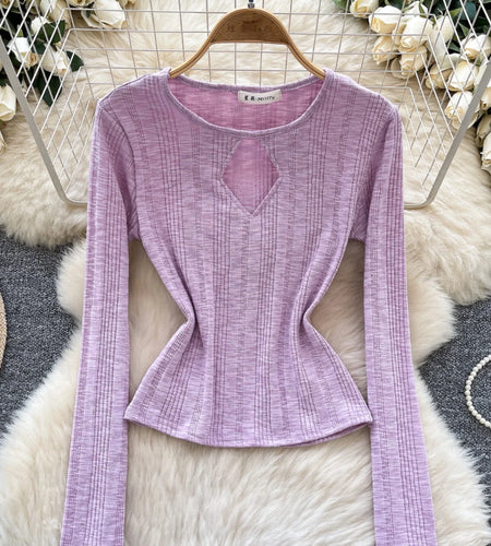 Vintage Fashion Women's Solid Long Sleeved Hollow Out Slim Short T Shirt 2025 Spring Elegant Versatile Ladies Festival Tops Chic