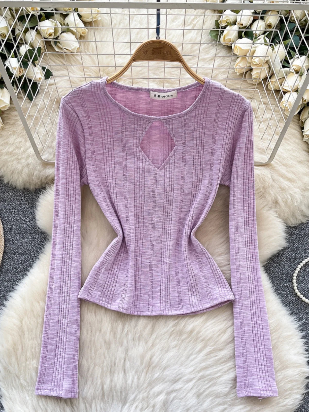 Vintage Fashion Women's Solid Long Sleeved Hollow Out Slim Short T Shirt 2025 Spring Elegant Versatile Ladies Festival Tops Chic