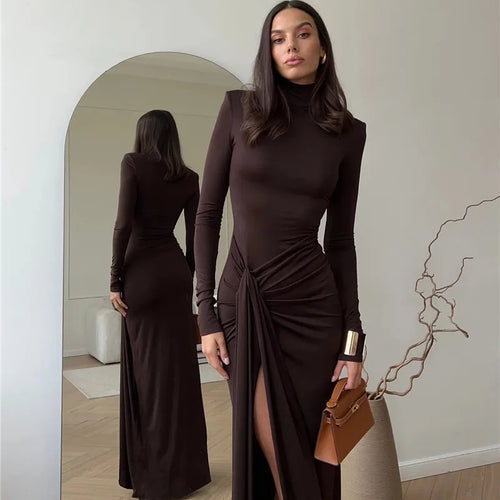 Load image into Gallery viewer, Turtleneck Thigh High Split Sexy Maxi Dress For Women Fashion Long Sleeve Draped Bandage Bodycon Club Long Dress
