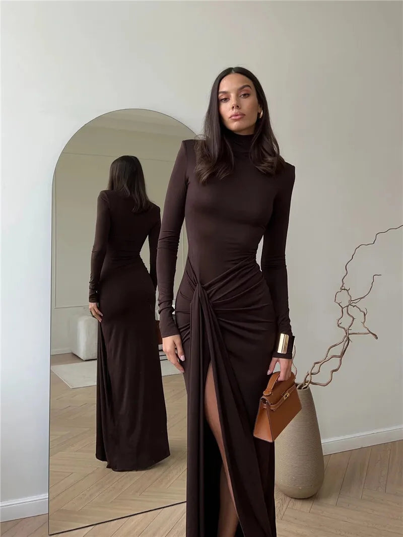 Turtleneck Thigh High Split Sexy Maxi Dress For Women Fashion Long Sleeve Draped Bandage Bodycon Club Long Dress